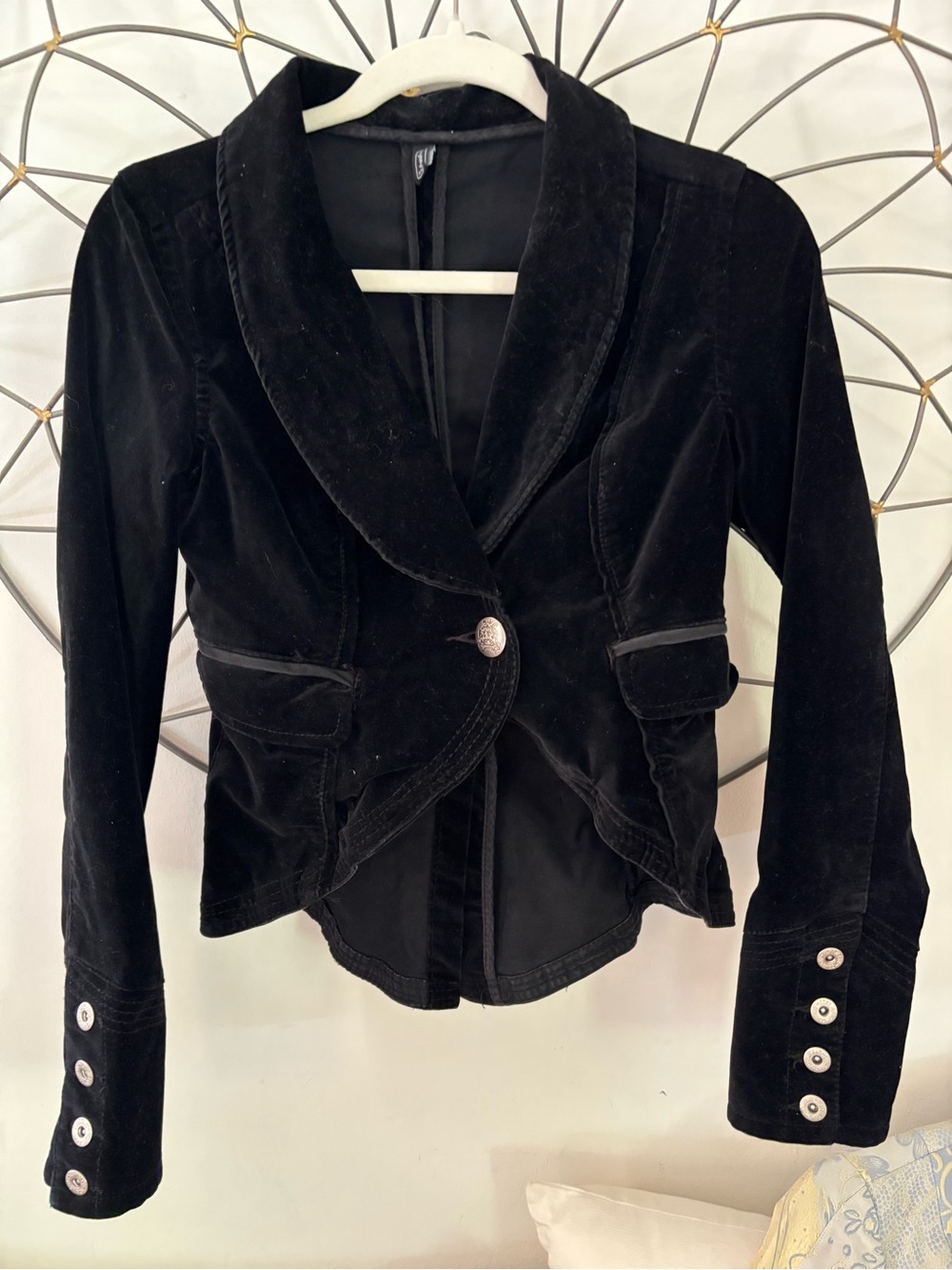 Women's Black Velvet Single-Button Blazer Jacket- S